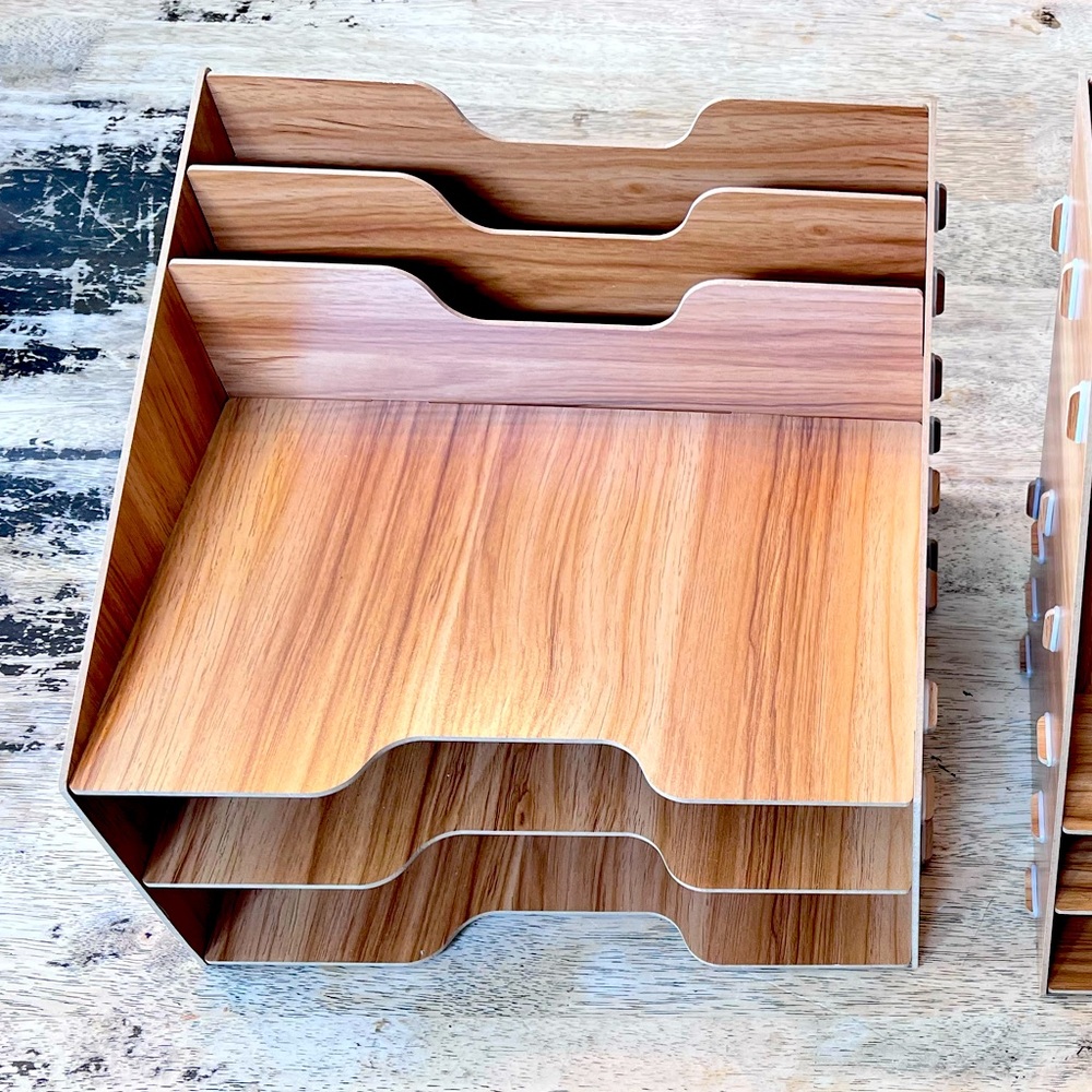 New in Box wood grain office file shelf system papers desk organizer
